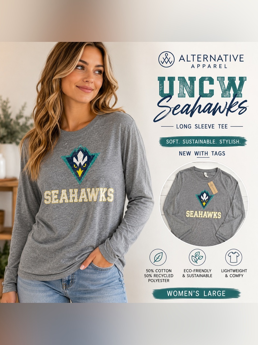 UNCW Seahawks Long Sleeve Graphic Tee Alternative Apparel Gray NWT Women L
